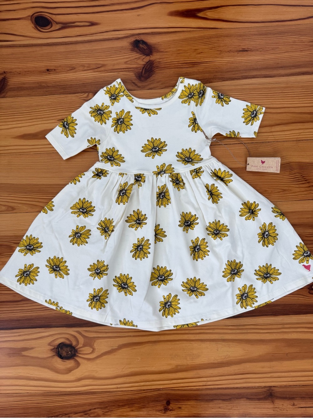 NWT Pink Chicken White & Yellow Sunflower Twirl Dress for Kids 2T Organic Cotton